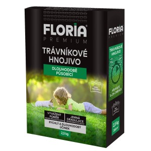 Floria Premium trávnikové hnojivo s dlhodobým účinkom, 2,5 kg. Pre hustý, zelený trávnik.