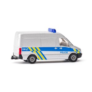 Hračka policajná dodávka, strieborná s modrými pruhmi, pre zábavu a hry.