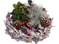 Zimný aranžmán v drevenom venci priemer kvetináča cca 31 cm