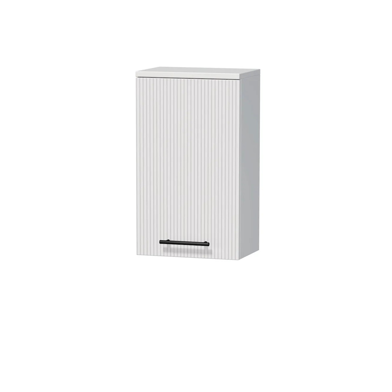 E-shop INTEDOOR Horná závesná skriňa BEE ľavá, úchyt čierny, š. 35 cm, biela 3D pruhy