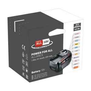 Čierne balenie Bosch 18V 4 Ah Li-Ion akumulátora s vyobrazenou batériou a logom Power For All Alliance.