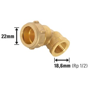 Mosadzné kompresné koleno, 22 mm x 18,6 mm (R 1/2), na pripojenie medených rúrok v uhle 90°.