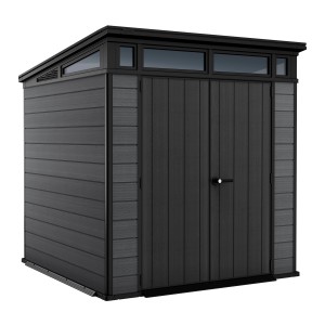 Moderný sivý záhradný domček Keter Cortina 4,7 m² s dvojkrídlovými dverami a radom okien pod strechou.