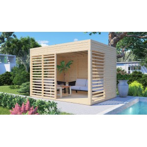 Bertilo Pavilón Garden Lounge 2 Prírodný, 234x337 cm, s lamelovou stenou a posedením v záhrade.