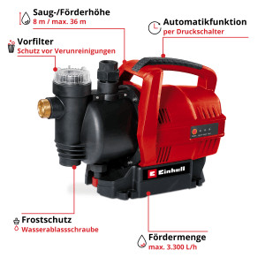 Einhell GC-AW 6033 Domáca vodáreň: Červené záhradné čerpadlo s predfiltrom a rukoväťou.