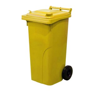 Žltý odpadkový kôš s vekom a kolieskami.