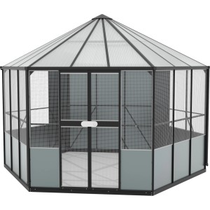 Vitavia voliéra Circus 9000, čierny plastový záhradný domček so stanovou strechou.