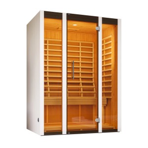 Infračervená kabína Weka Osby 1 so sklenenou prednou stenou a sálavými panelmi wekaTherm. Elegantný biely dizajn.