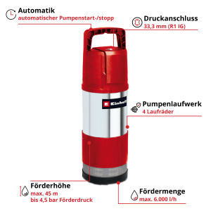 Ponorné tlakové čerpadlo Einhell GE-PP 1050 N-A na čistú vodu, nerezové, s automatickou funkciou.