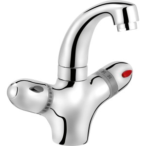 Chrómová termostatická umývadlová batéria baliv WT-200 s dvoma otočnými ovládačmi.