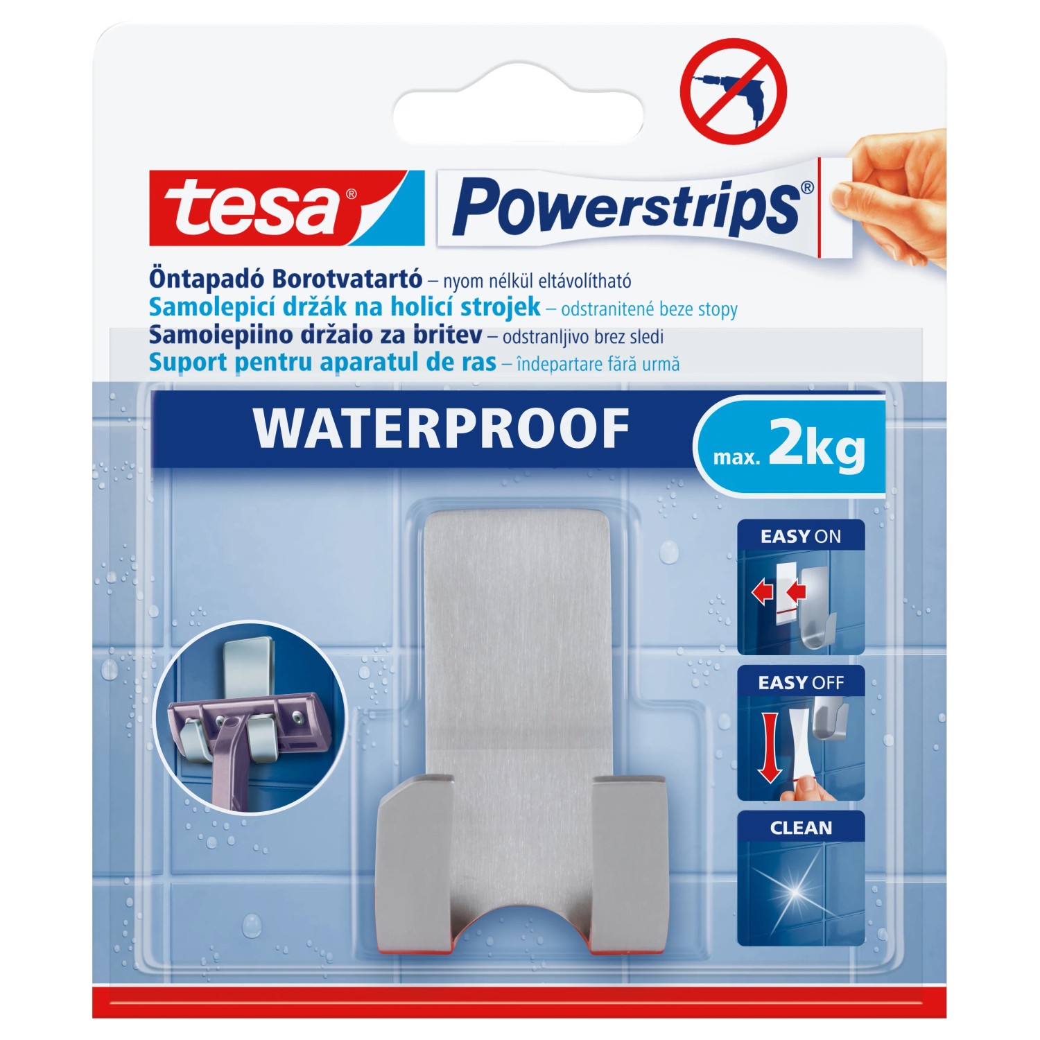 E-shop tesa Samolepiaci držiak na holiaci strojček Powerstrips Waterproof nerezová oceľ