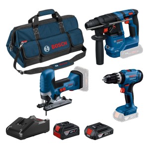 Sada aku náradia Bosch Professional 18V s vŕtačkou, priamočiarou pílou, vŕtacím kladivom, 2 batériami a nabíjačkou.