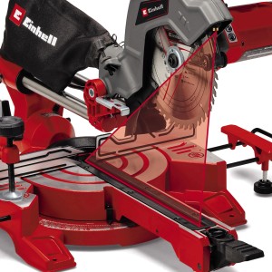 Einhell TC-SM 216 posuvná pokosová píla, červeno-sivá, s laserom pre presné rezy.