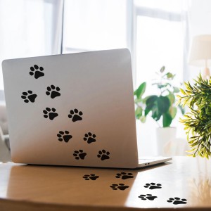 Laptop s čiernymi nálepkami na stenu s odtlačkami labiek od t.b.t.