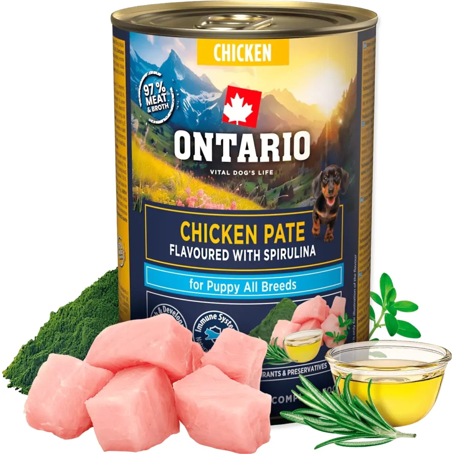 ONTARIO Konzerva pre šteňatá Puppy kuracie pate s príchuťou spiruliny 400 g