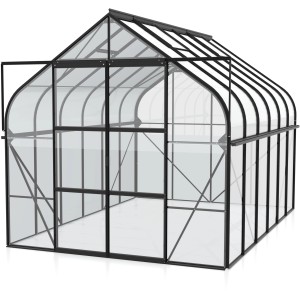 Skleník Vitavia Diana 9900 ESG 3 mm čierny s dvojitými posuvnými dverami a strešnými oknami.