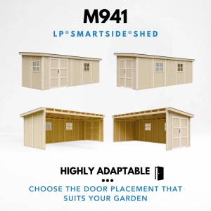 Timbela Premium prístrešok M941B, béžovo-hnedý, 14,3 m², s flexibilným umiestnením dverí.
