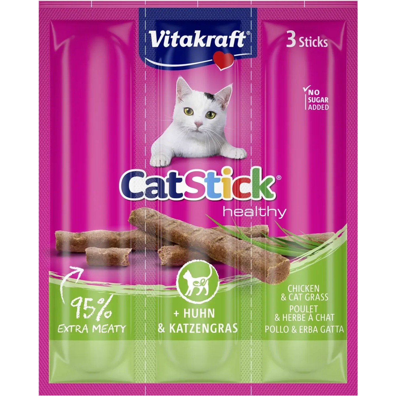 E-shop Vitakraft Pochúťka pre mačky Cat stick mini kura a mačacia tráva, 3 x 6 g, 3 ks