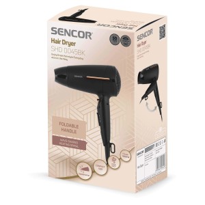 Fén na vlasy Sencor SHD 0045BK v krabici, čierny, so skladacou rukoväťou.