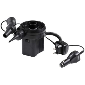Elektrický kompresor s adaptérmi a batériou pre 230V/12V, ideálny na nafukovanie.
