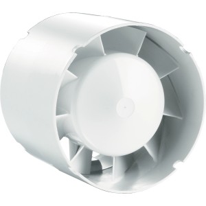 Biely potrubný ventilátor, systém Ø 125, z plastu na prívod a odvod vzduchu.