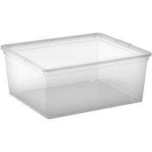 Priehľadný úložný box C M s vekom, stohovateľný a univerzálny.