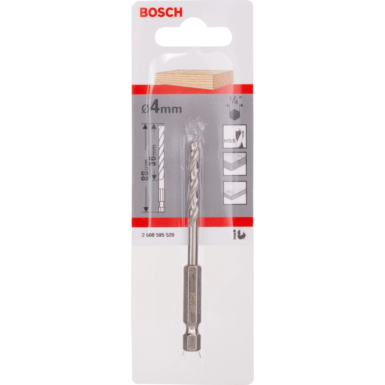 E-shop Bosch Špirálový vrták do dreva so šesťhrannou stopkou 1/4", 4 x 88 mm