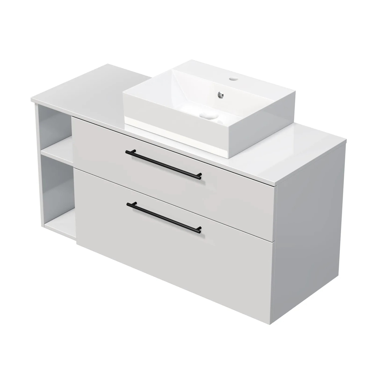 E-shop INTEDOOR Kúpeľ.skriňa+umývadlo BEE, úchyt čierny, 120cm, regál vľavo, biela lesk