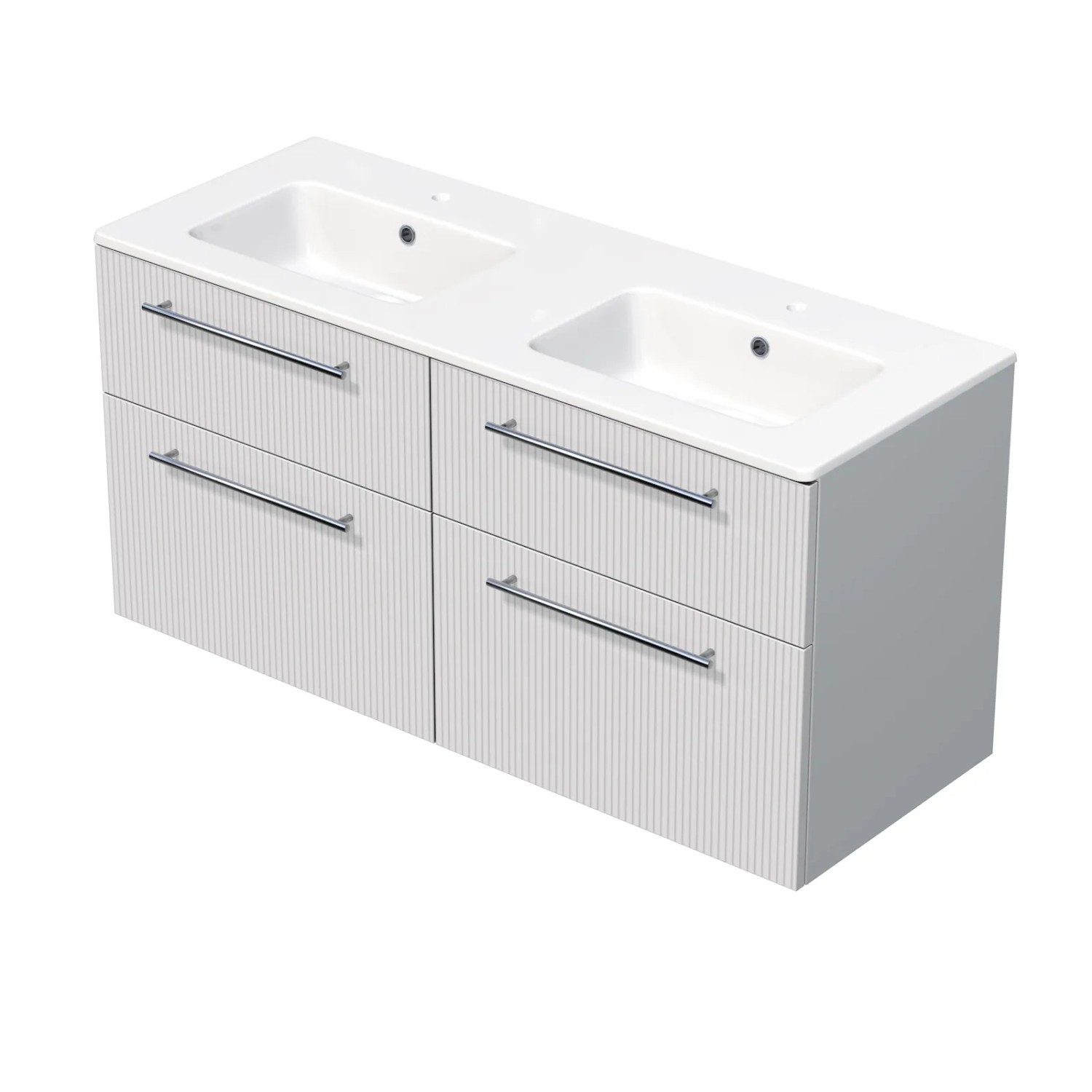 E-shop INTEDOOR Kúpeľ.skriňa+dvojumývadlo BEE úchyt chróm, 4zás., š.121cm biela 3D pruh