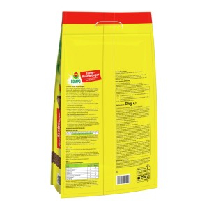 Žlté balenie Compo Turbo hnojiva na trávnik 5 kg s informáciami. Organické hnojivo pre rýchly rast trávnika.
