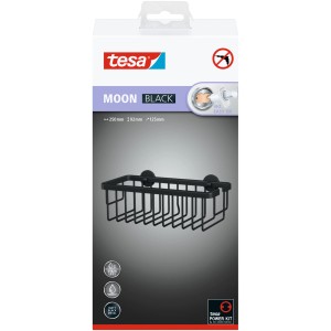 Tesa Moon Black sprchový košík, matná čierna, na montáž na stenu bez vŕtania.