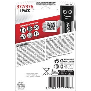 Strieborná gombíková batéria Energizer 377/376, 1 kus. Batéria pre hodinky a malé zariadenia.
