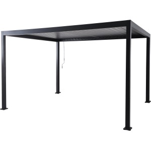 Antracitová hliníková pergola Carinda, 239x389x296 cm, s lamelovou strechou a ručnou kľukou.