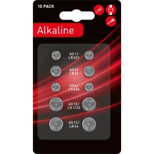 Balenie 10 alkalických gombíkových batérií rôznych typov (AG1, AG3, AG4, AG10, AG13/LR44).