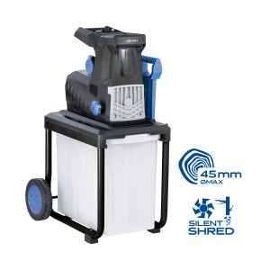 LUX Elektrický tichý valcový drvič E-LH-2800/45B so zberným boxom a oceľovým rúrkovým rámom.