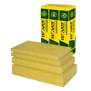 Izolačné dosky z minerálnej vlny ISover, žlté, naskladané pred obalom.
