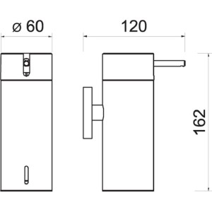 Technický výkres: t.b.t. dávkovač mydla s rozmermi (výška 162mm, priemer 60mm, hĺbka 120mm).