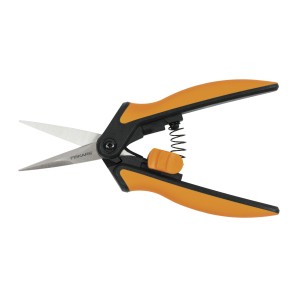 Záhradné nožnice Fiskars Microtip SP130 pre jemné strihy, oranžovo-čierne.