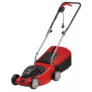 Elektrická kosačka na trávu Einhell GC-EM 1232, červená, so zberným košom a sklopnou rukoväťou.