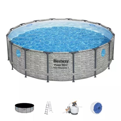 Okrúhly bazén Bestway Power Steel Swim Vista s oceľovou konštrukciou, sivý, s oknami, vodou, rebríkom a pieskovou filtráciou.
