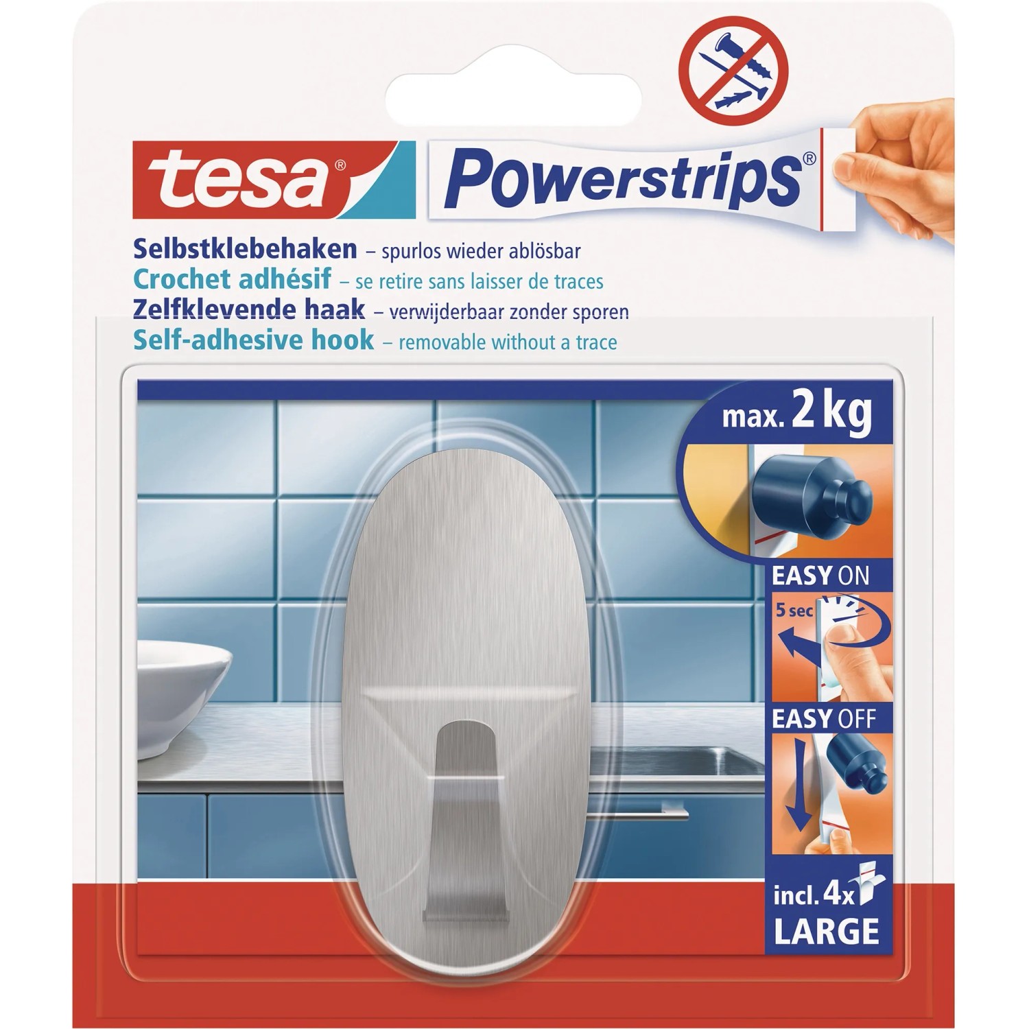 E-shop tesa Samolepiaci háčik Powerstrips L veľký oválny, nerezová oceľ, 1 ks