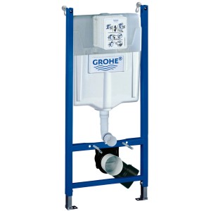Grohe QuickFix Solido WC rám, výška 1,13 m, s modrým oceľovým rámom a bielou nádržkou.