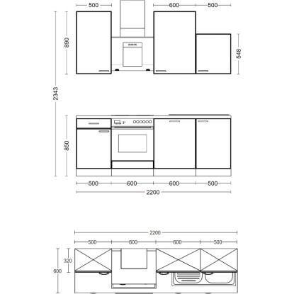Nákres kuchynskej linky Flex-Well Exclusiv Capri 220 cm v čiernej matnej a Endgrain Oak s rozmermi.