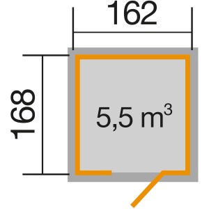Pôdorys záhradného domčeka Weka Lasiert: 200x168cm, objem 5,5 m³. Ideálne pre záhradné náradie.
