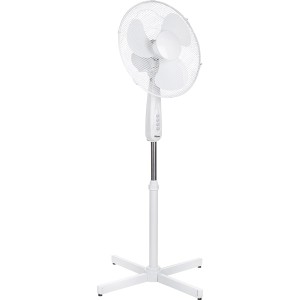 Biely stojanový ventilátor Tristar, 40 cm, s ochrannou mriežkou a tromi lopatkami.