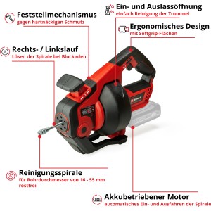 Einhell Power X-Change TE-DA 18/760 Li Solo: Červený akumulátorový čistič rúr so špirálou.