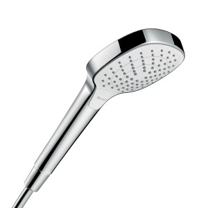 Ručná sprcha Hansgrohe Croma Select E Vario, chróm/biela, 110 mm. Úsporná sprchová hlavica s 3 režimami prúdu.