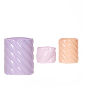 Keramické kvetináče Candy Pot, rôzne farby, Ø 6 cm, vo farbách fialová, ružová a marhuľová so skrúteným vzorom.