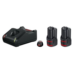 Štartovacia súprava Bosch Professional: čierna nabíjačka GAL 12 V-40 a dve 12V 3Ah batérie pre elektrické náradie.