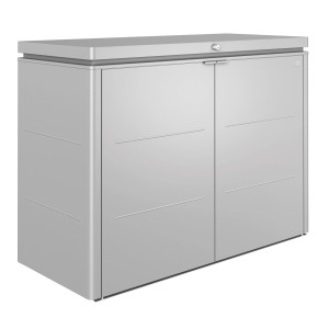 Biohort HighBoard 160 záhradný box v strieborno-metalickej farbe: Univerzálny box odolný voči poveternostným vplyvom s krídlovými dverami a zámkom.
